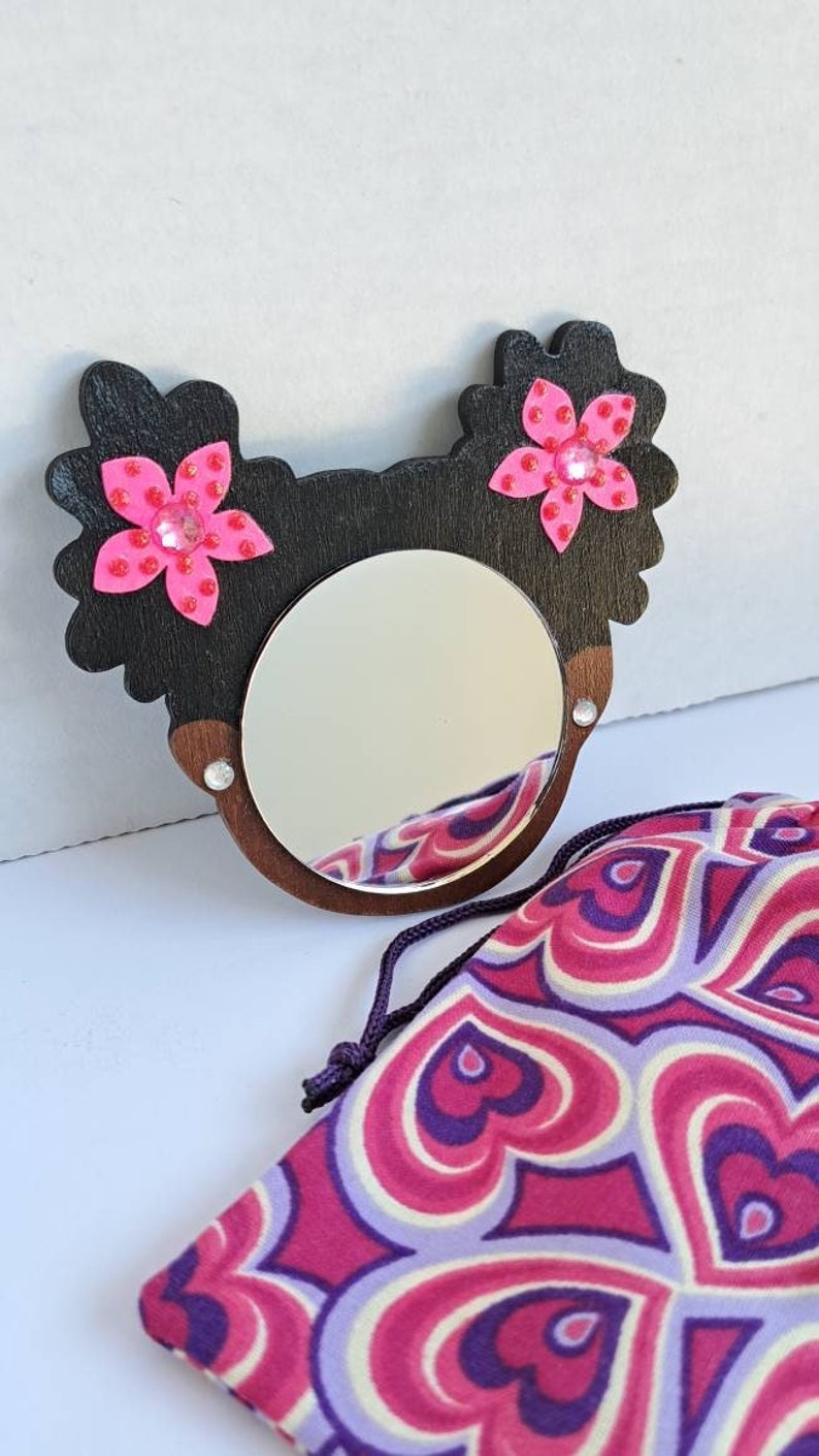 2 Black Afro Puffs Mirror Girl // Pink Flowers w/Glitter Dots and Rhinestones // Rhinestone Earrings// Handmade Pouch Included image 1