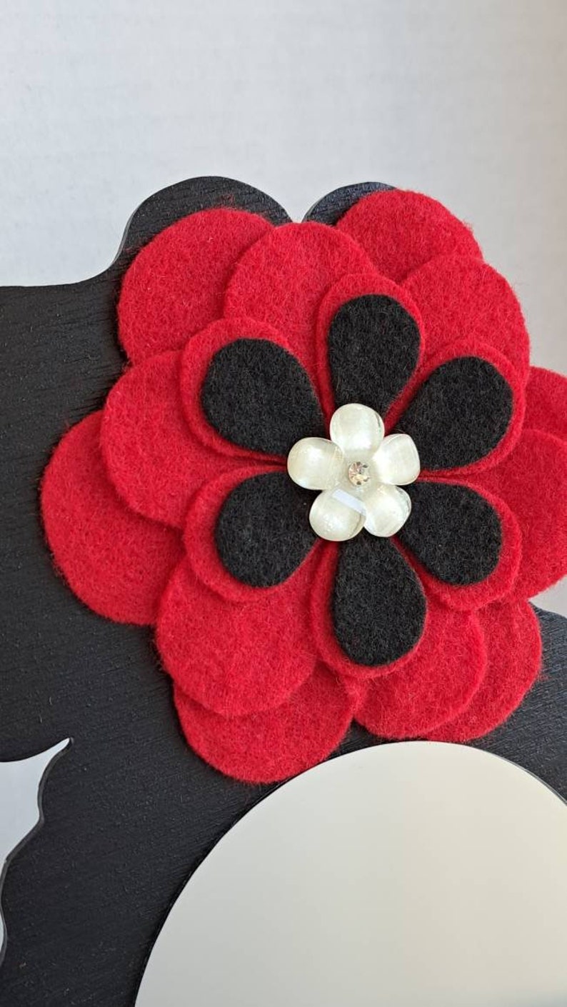 4 Curly Afro Puff Wall Decor Mirror Girl // Red Fleece Flower // Faux Pearl Earrings // Afrocentric Art image 2