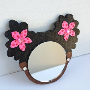 2 Black Afro Puffs Mirror Girl // Pink Flowers w/Glitter Dots and Rhinestones // Rhinestone Earrings// Handmade Pouch Included image 7