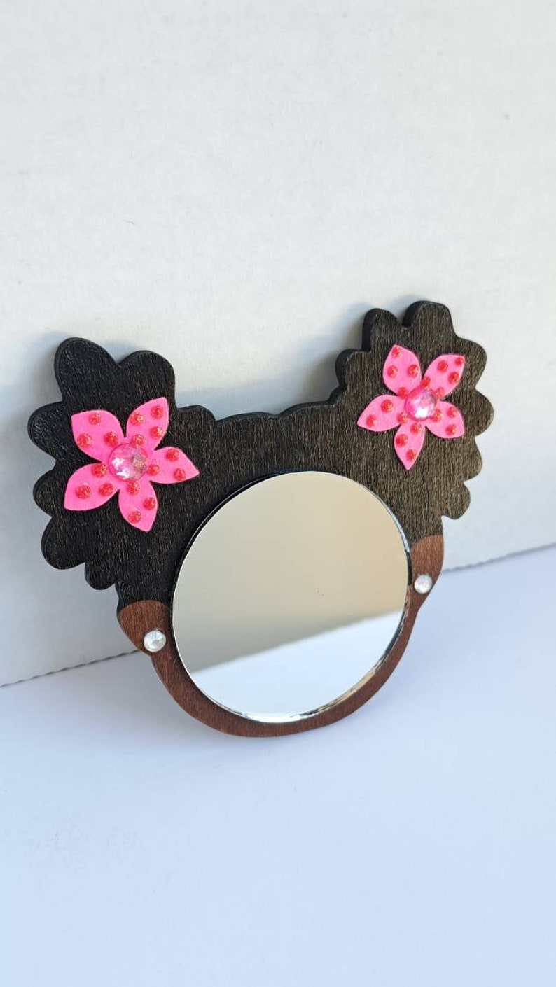 2 Black Afro Puffs Mirror Girl // Pink Flowers w/Glitter Dots and Rhinestones // Rhinestone Earrings// Handmade Pouch Included image 7