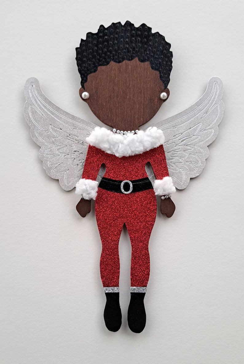 Angel Girl with Afro in Red Glitter and White Fluff // OOAK // Handpainted 10 Wood Doll Wall Art // Afrocentric Art //Gifts for her image 3