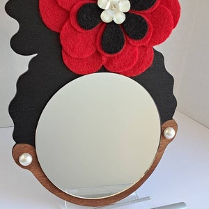 4 Curly Afro Puff Wall Decor Mirror Girl // Red Fleece Flower // Faux Pearl Earrings // Afrocentric Art image 4