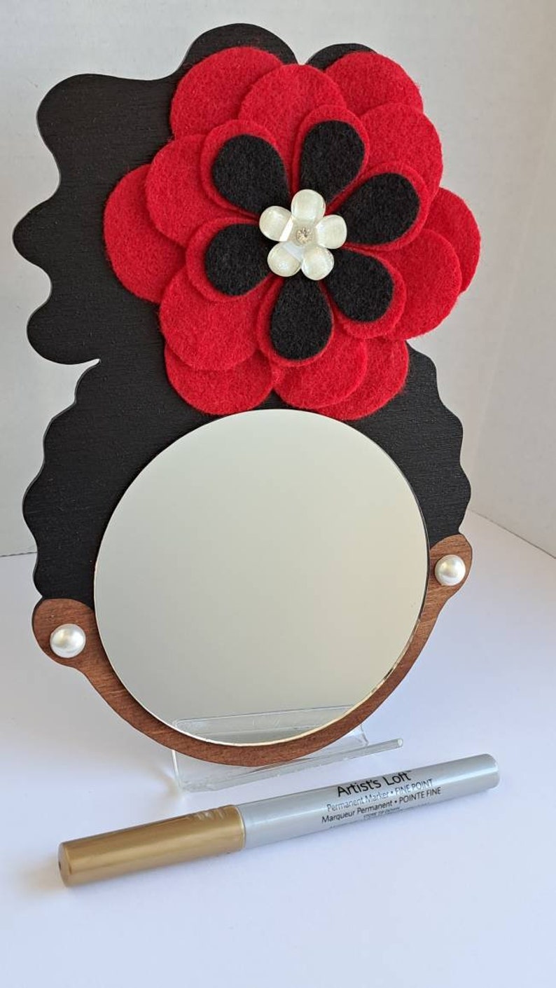 4 Curly Afro Puff Wall Decor Mirror Girl // Red Fleece Flower // Faux Pearl Earrings // Afrocentric Art image 4