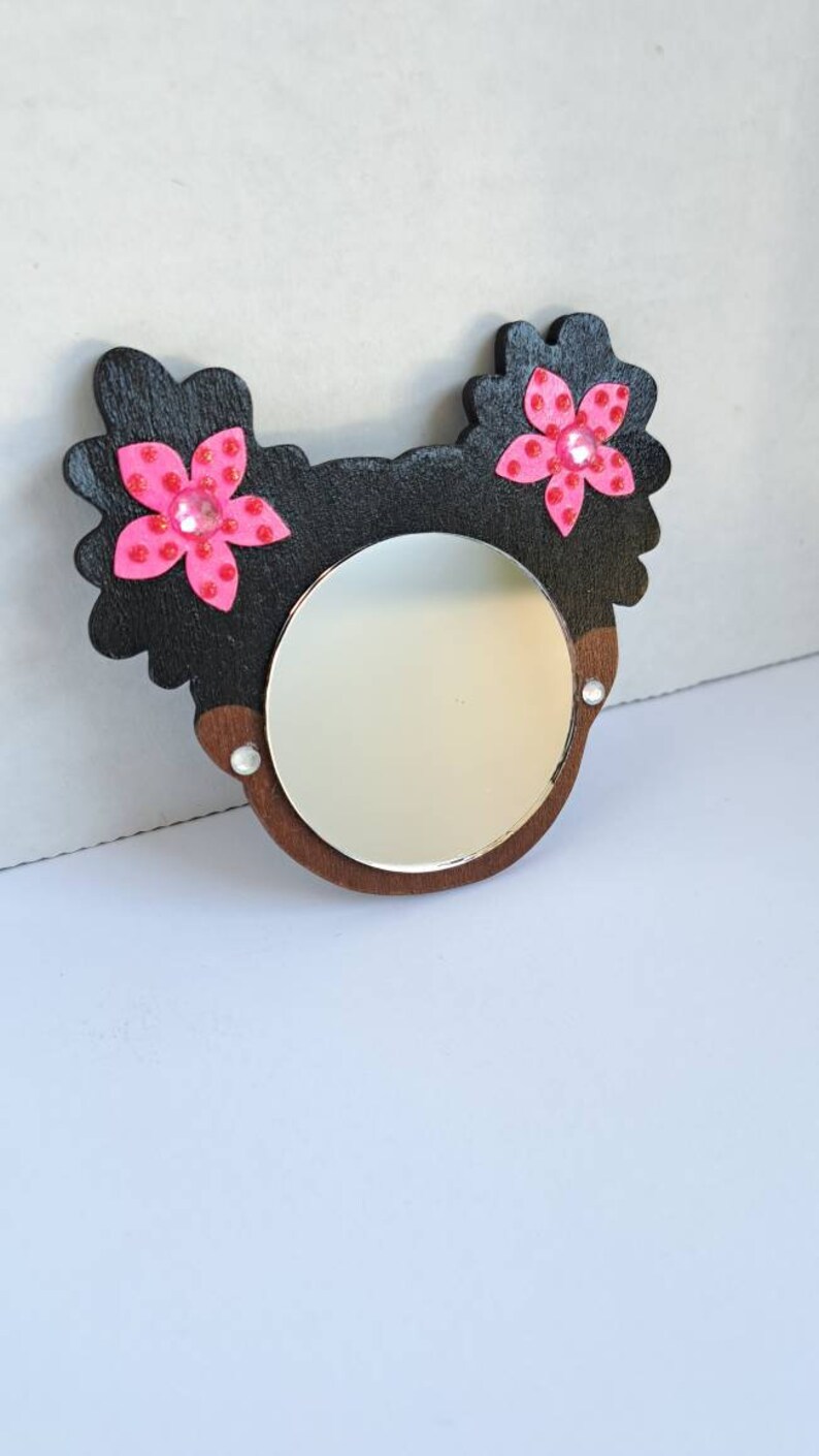2 Black Afro Puffs Mirror Girl // Pink Flowers w/Glitter Dots and Rhinestones // Rhinestone Earrings// Handmade Pouch Included image 5