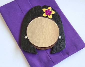 2" Mirror Girl // Straight Black Hair // Yellow and Purple Flower // Rhinestone Earrings // Handmade Pouch Included // Gifts for Her