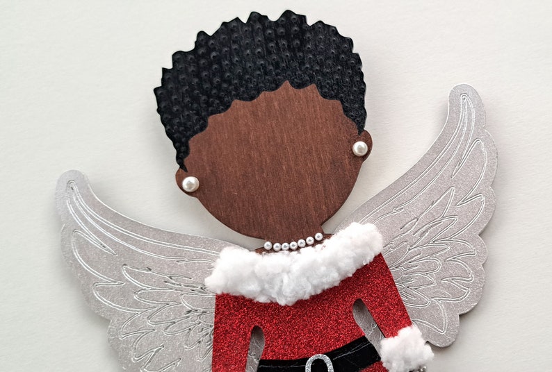 Angel Girl with Afro in Red Glitter and White Fluff // OOAK // Handpainted 10 Wood Doll Wall Art // Afrocentric Art //Gifts for her image 5