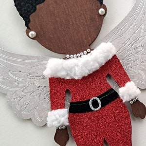 Angel Girl with Afro in Red Glitter and White Fluff // OOAK // Handpainted 10 Wood Doll Wall Art // Afrocentric Art //Gifts for her image 4