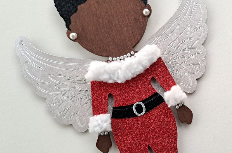 Angel Girl with Afro in Red Glitter and White Fluff // OOAK // Handpainted 10 Wood Doll Wall Art // Afrocentric Art //Gifts for her image 4