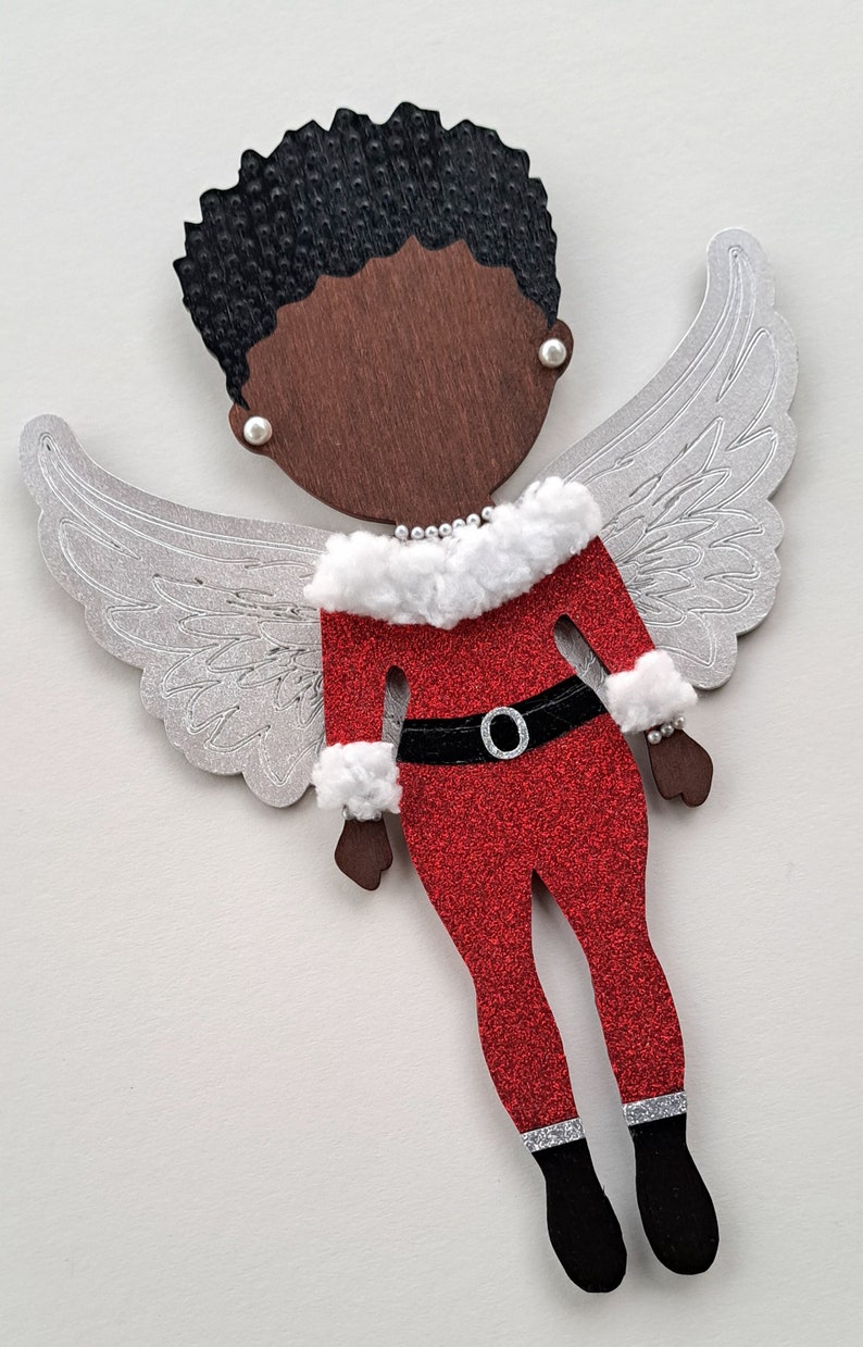 Angel Girl with Afro in Red Glitter and White Fluff // OOAK // Handpainted 10 Wood Doll Wall Art // Afrocentric Art //Gifts for her image 1