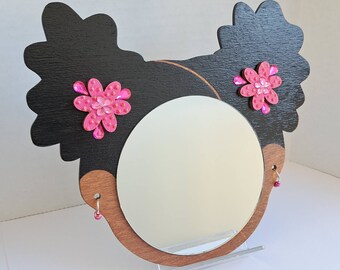 4" Afro Puffs Wall Decor Mirror Girl // Shades of Pink Hand-painted Glitter Dot Wood Flower // Metal and Acrylic Bead Hoop Earrings