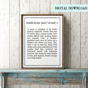 Southerner Definition Printable Wall Art | Dictionary Typography Print | Funny Printable Art | Minimalist Digital Art | Quote Art Prints