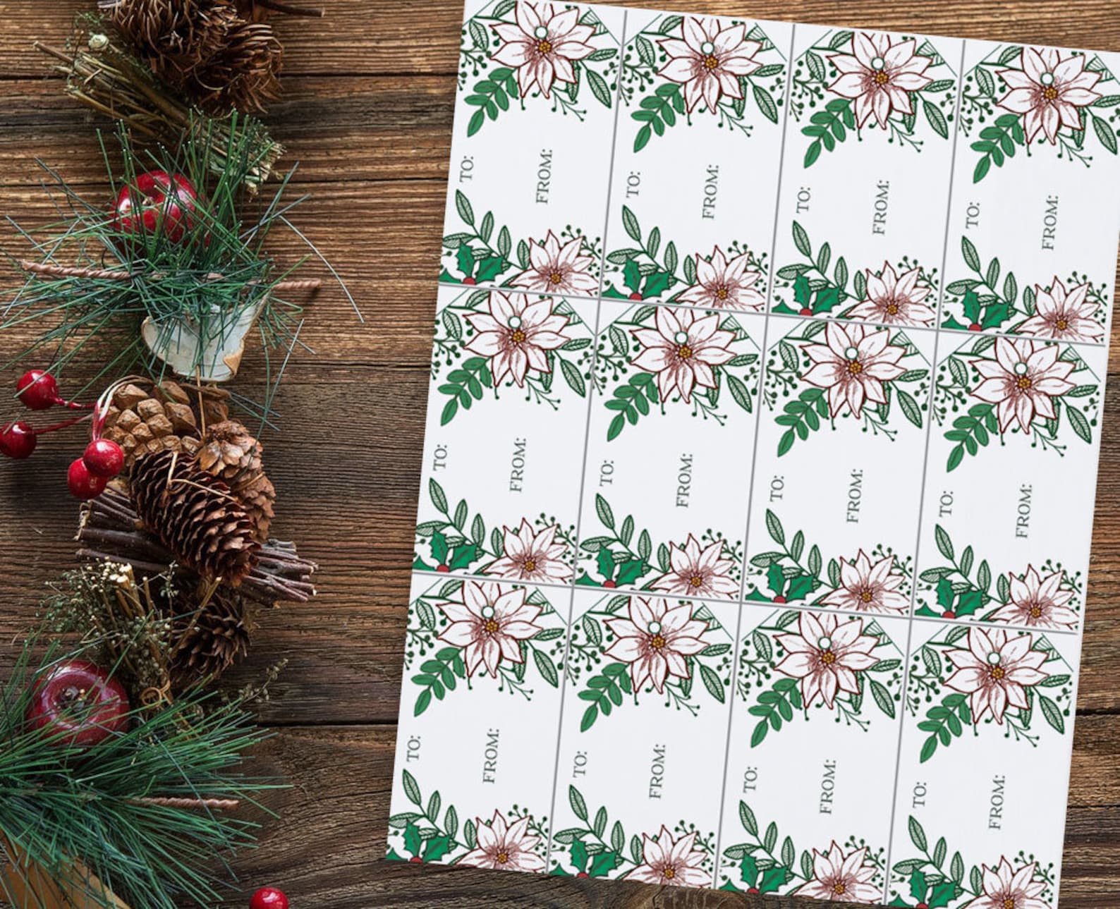 Floral Christmas Printable Tags | Poinsetta Digital Gift Tag | Holiday ...