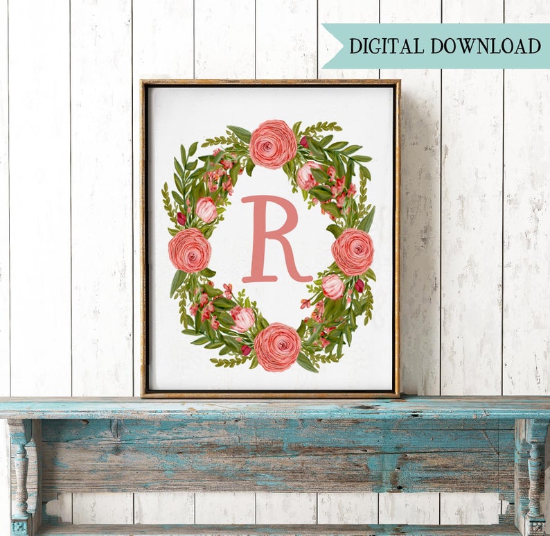 Letter R Printable Monogram Gift Wreath Peony print Digital Download Gift Printable Monogram R