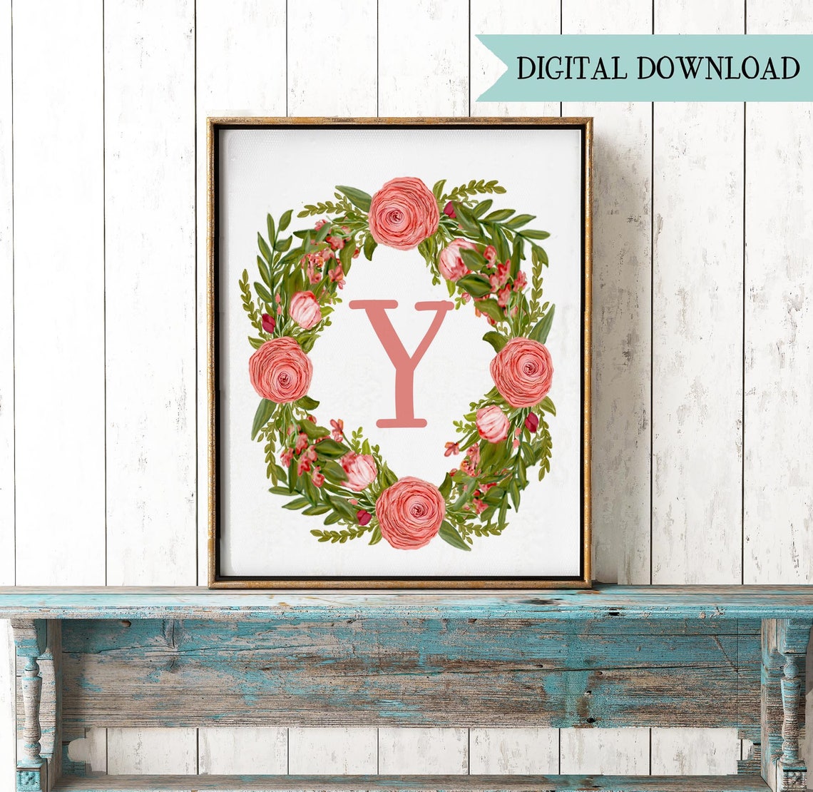 Y Printable Monogram Letter Y Wall Decor Floral Wreath Etsy