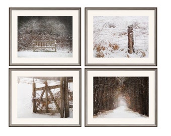 Rustic Winter Farmhouse Decor Set of 4 Prints | Country Photo Art | Rustic Snow Landscape Set of Four Prints | Neutral Living room Decor