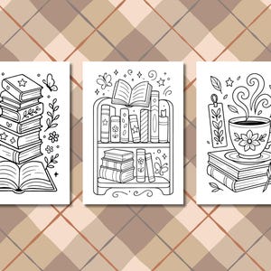 Peut inclure: Trois illustrations en noir et blanc de livres et d'objets connexes. L'une montre une pile de livres avec un livre ouvert en bas. Une autre repr&eacute;sente une &eacute;tag&egrave;re avec des livres. La troisi&egrave;me montre une tasse de caf&eacute; sur une pile de livres.