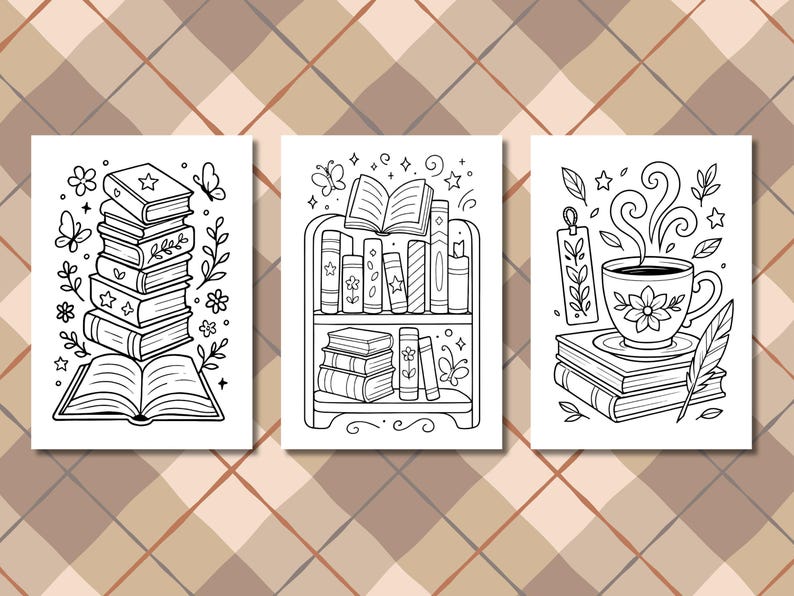 Peut inclure: Trois illustrations en noir et blanc de livres et d'objets connexes. L'une montre une pile de livres avec un livre ouvert en bas. Une autre repr&eacute;sente une &eacute;tag&egrave;re avec des livres. La troisi&egrave;me montre une tasse de caf&eacute; sur une pile de livres.