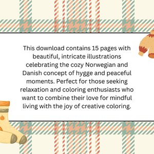 Pu&ograve; includere: Download digitale con 15 pagine di illustrazioni dettagliate che celebrano il concetto norvegese e danese di hygge. Include immagini di un maglione e calzini. Il testo recita: "This download contains 15 pages..."