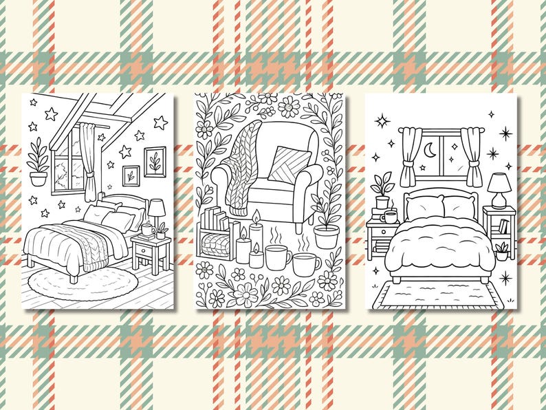 Pu&ograve; includere: Tre pagine da colorare in bianco e nero con scene di camere da letto accoglienti. Una mostra un letto sotto un soffitto spiovente, un'altra una comoda poltrona con candele e l'ultima un letto con una scena notturna fuori dalla finestra. Lo sfondo &egrave; un motivo a quadri.