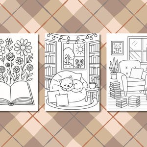 Peut inclure: Trois pages &agrave; colorier en noir et blanc. La premi&egrave;re montre des fleurs poussant d'un livre ouvert. La seconde repr&eacute;sente un chat dormant sur un pouf dans une pi&egrave;ce avec une fen&ecirc;tre. La troisi&egrave;me montre un coin lecture confortable.