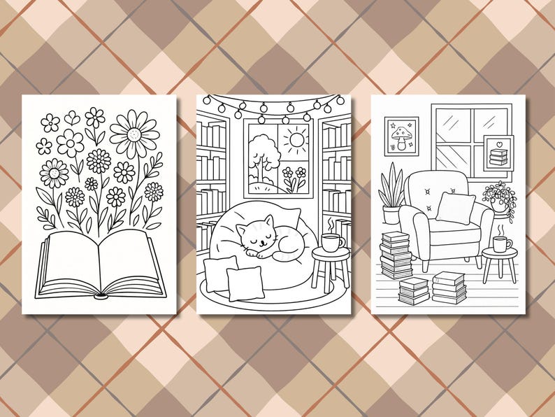 Peut inclure: Trois pages &agrave; colorier en noir et blanc. La premi&egrave;re montre des fleurs poussant d'un livre ouvert. La seconde repr&eacute;sente un chat dormant sur un pouf dans une pi&egrave;ce avec une fen&ecirc;tre. La troisi&egrave;me montre un coin lecture confortable.