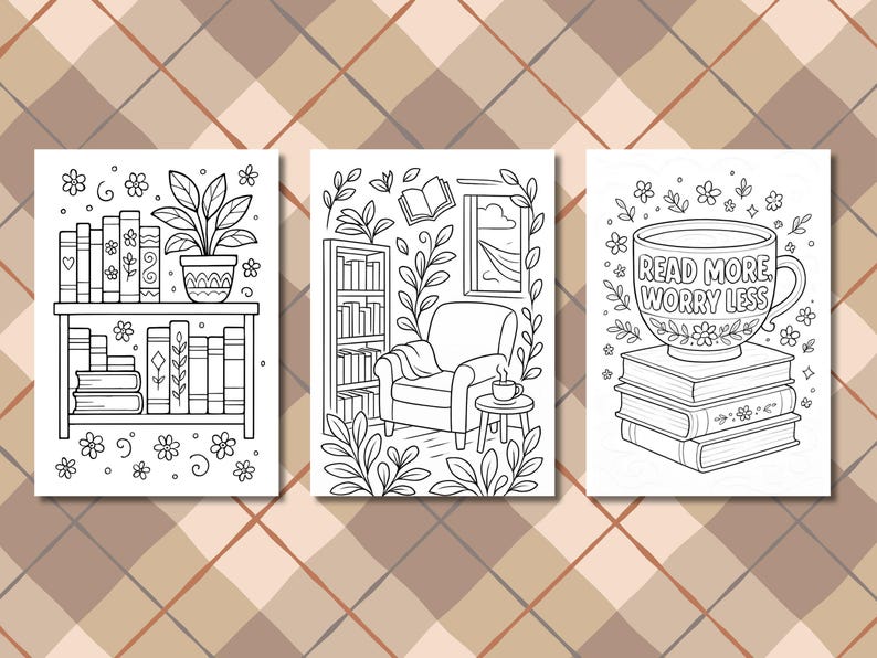 Peut inclure: Trois illustrations en noir et blanc de sc&egrave;nes de lecture. L'une montre une &eacute;tag&egrave;re avec des livres et une plante en pot. Une autre repr&eacute;sente un coin lecture avec un fauteuil, une biblioth&egrave;que et du caf&eacute;. La derni&egrave;re pr&eacute;sente une tasse &agrave; th&eacute; avec le texte "Read More Worry Less".