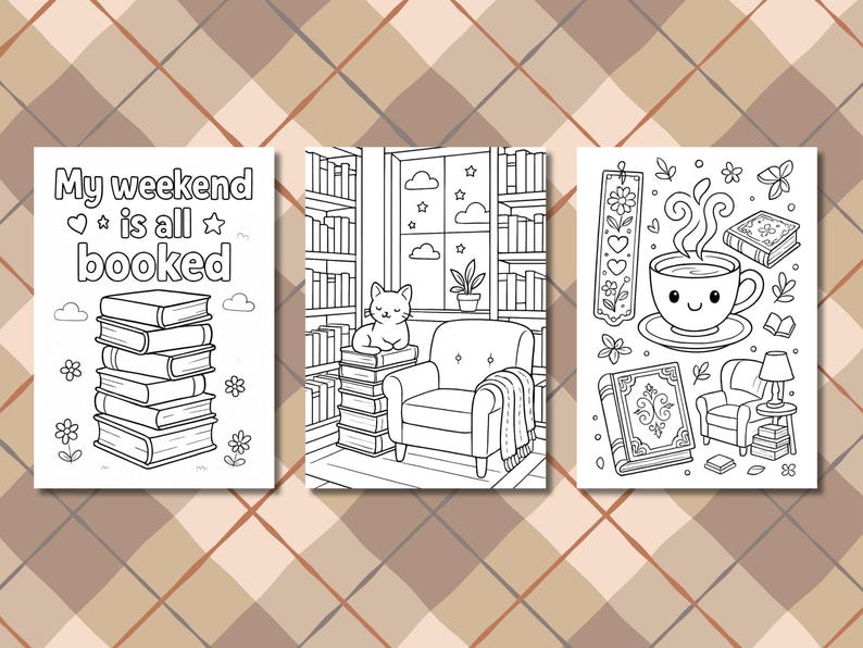 Peut inclure: Trois pages &agrave; colorier en noir et blanc sur le th&egrave;me de la lecture. L'une pr&eacute;sente une pile de livres et le texte "My weekend is all booked". Une autre montre un chat sur une pile de livres pr&egrave;s d'une fen&ecirc;tre. La troisi&egrave;me page a une tasse de caf&eacute; et des livres.