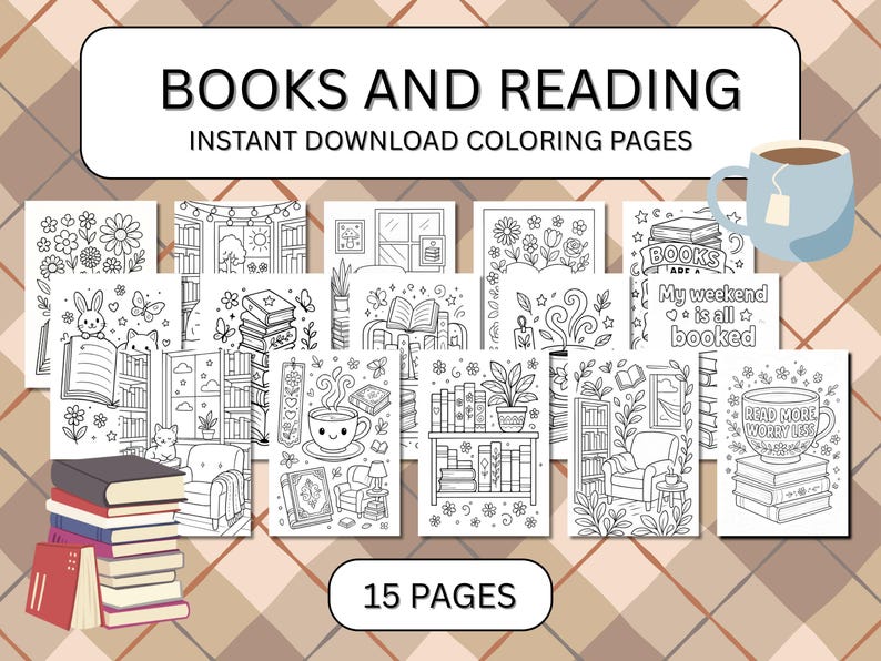 Peut inclure: Ensemble de 15 pages &agrave; colorier imprimables sur le th&egrave;me de la lecture. L'image pr&eacute;sente le texte "BOOKS AND READING" et "INSTANT DOWNLOAD COLORING PAGES". Les pages incluent des illustrations de livres, de biblioth&egrave;ques et de sc&egrave;nes de lecture.
