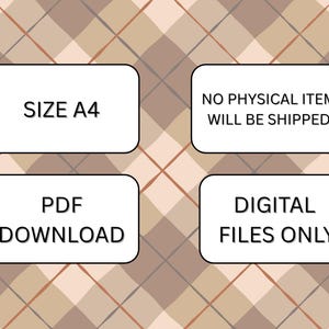 Peut inclure: Quatre rectangles blancs aux coins arrondis sont affich&eacute;s sur un fond &agrave; carreaux. Les bo&icirc;tes contiennent le texte suivant : "SIZE A4", "NO PHYSICAL ITEM WILL BE SHIPPED", "PDF DOWNLOAD" et "DIGITAL FILES ONLY".