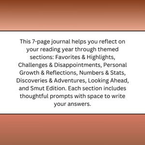 May include: A white rectangular journal with rounded corners, set against a brown gradient background. The journal's text describes themed sections for reflecting on a reading year, including favorites, challenges, and personal growth, with space for writing.