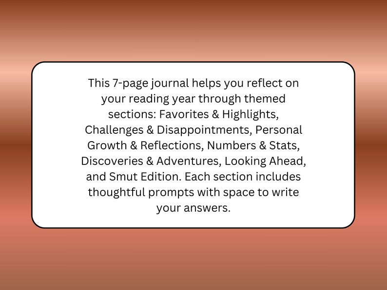 May include: A white rectangular journal with rounded corners, set against a brown gradient background. The journal's text describes themed sections for reflecting on a reading year, including favorites, challenges, and personal growth, with space for writing.