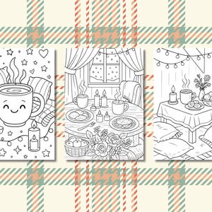 Pu&ograve; includere: Tre pagine da colorare in bianco e nero raffiguranti accoglienti scene invernali. Una mostra una tazza sorridente di cioccolata calda, un'altra un tavolo apparecchiato per un pasto e l'ultima un tavolo con una tazza di caff&egrave; e un piatto di cibo. Lo sfondo &egrave; un motivo a quadri.