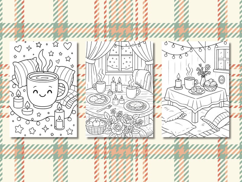 Pu&ograve; includere: Tre pagine da colorare in bianco e nero raffiguranti accoglienti scene invernali. Una mostra una tazza sorridente di cioccolata calda, un'altra un tavolo apparecchiato per un pasto e l'ultima un tavolo con una tazza di caff&egrave; e un piatto di cibo. Lo sfondo &egrave; un motivo a quadri.