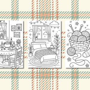 Pu&ograve; includere: Tre illustrazioni in bianco e nero su sfondo a quadri. Le illustrazioni raffigurano scene accoglienti: un tavolo da pranzo con candele, una camera da letto con un letto e un cesto di lana con ferri da maglia e un calzino.