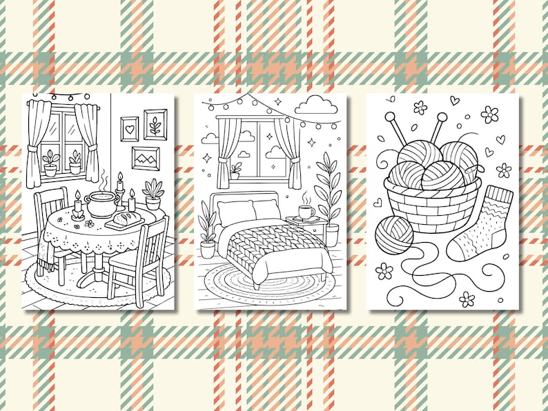Pu&ograve; includere: Tre illustrazioni in bianco e nero su sfondo a quadri. Le illustrazioni raffigurano scene accoglienti: un tavolo da pranzo con candele, una camera da letto con un letto e un cesto di lana con ferri da maglia e un calzino.