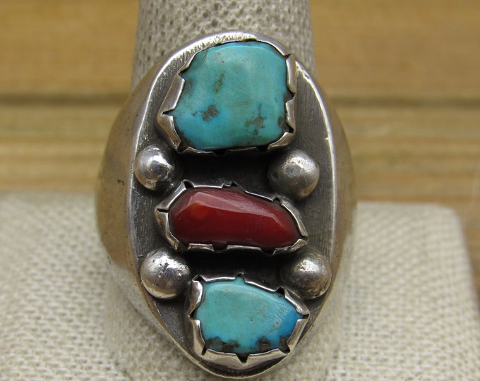 Vintage Sterling Silver Turquoise and Coral Men's Ring Size 11.5 - Etsy