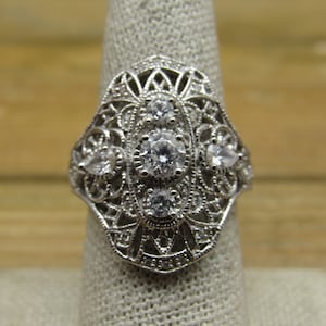 Vintage Sterling Silver Victorian Style Cubic Zirconia Ring Size 8.25