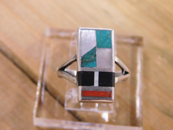 Sterling Silver Multi-Colored Inlay Ring Size 7.5 - image 1
