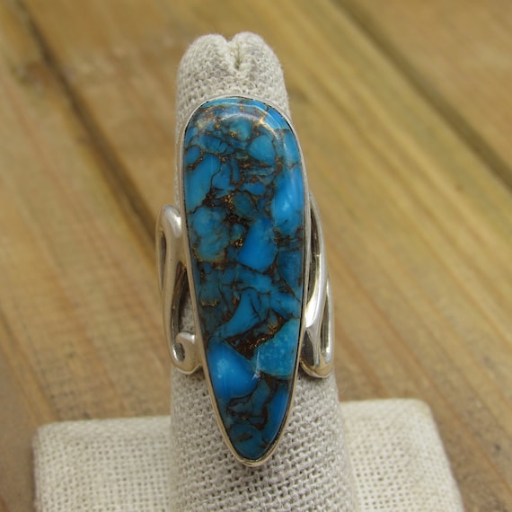 Elongated Teardrop Sterling Silver Bronzed Turquoise Statement Ring Size 8