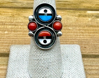 Vintage Sterling Silver Zuni Inlaid Multi-Stone Sunface Ring Size 7.25