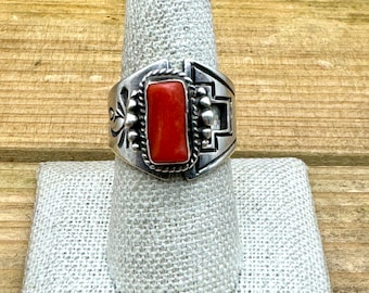 Vintage Sterling Silver Coral Stamped Band Adjustable Ring
