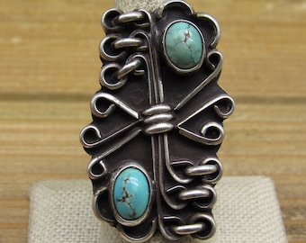 Vintage Sterling Silver Abstract Two Stone Turquoise Ring Size 8.25