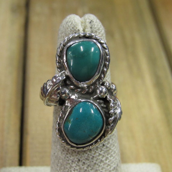 Vintage Sterling Silver Two Stone Turquoise Ring … - image 1