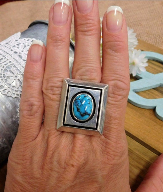 Contemporary Silver Turquoise Large Square Ring S… - image 8
