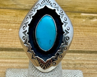 Vintage Sterling Silver Turquoise Diamond Shaped Stamped Shadow Box Ring Size 6