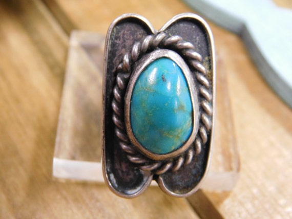 Shadowbox Turquoise Sterling Silver Ring Size 3.5 - image 1