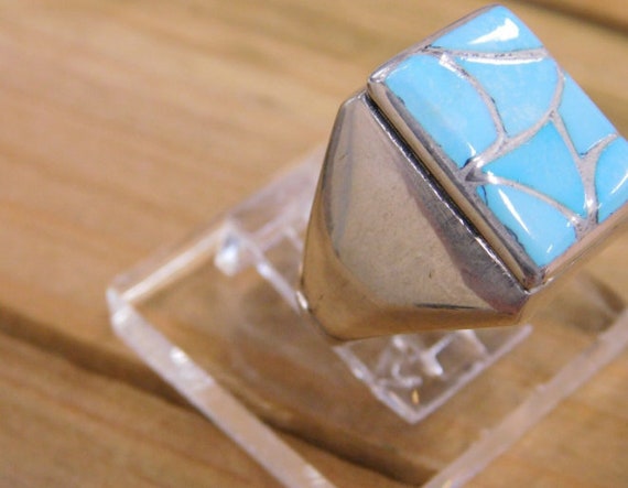 Navajo Turquoise Inlay Sterling Silver Ring Size … - image 3