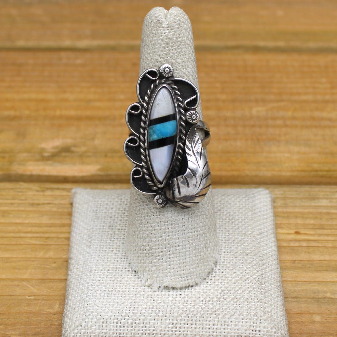Vintage Sterling Silver Inlay Ring With Jet, Turquoise, and Mother of ...