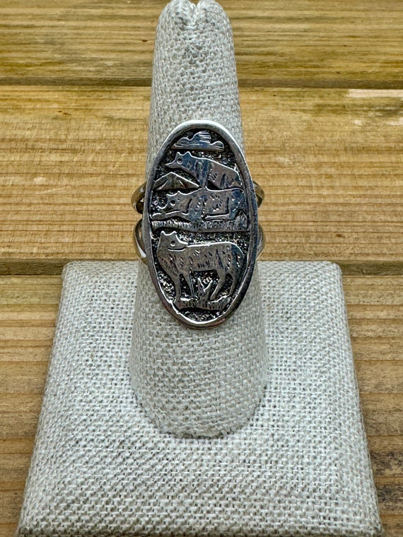 Vintage Sterling Silver Overlay Wolves Ring Size … - image 1
