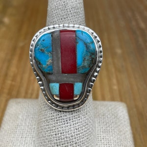 Vintage Sterling Silver Turquoise and Block Coral Abstract Inlay Ring Size 8.25